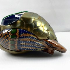TONALA DUCK FIGURE Brass / Ceramic Hand Painted Mexican Art Vintage Peeking Down