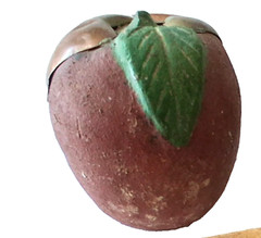 Mexico Burnished Clay Fruit Apple Figurine Terracotta Brass Copper Inlay 70s VTG
