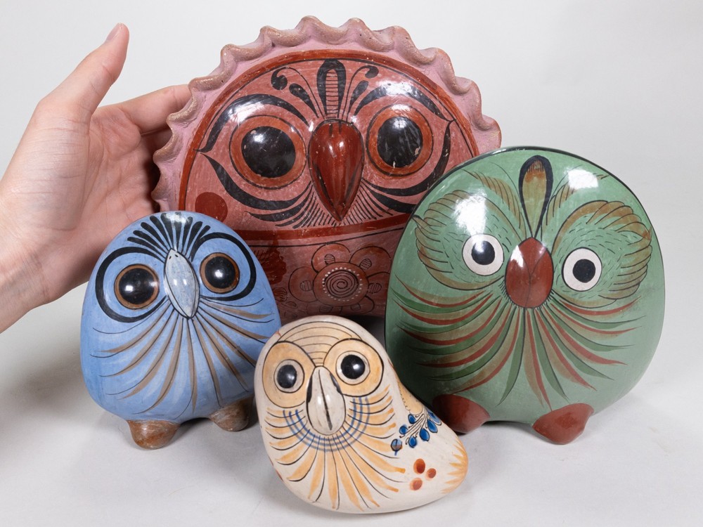 Set of 4 Mid-Century Tonala Mexican Pottery Owls
