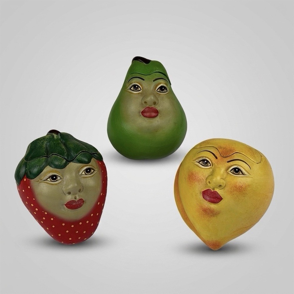 Vintage C. EL MEX Anthropomorphic Fruit Face Candle Set of 3 Mexico Folk Art