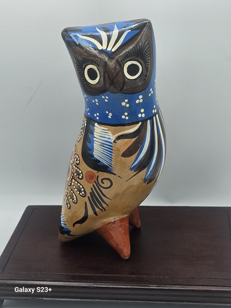 Vintage Mexican Hand-Painted Tonala Art Pottery Owl 8.5″ Tall Classic Colors