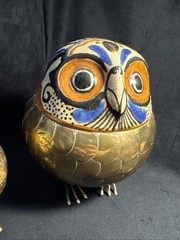 Vintage Brass Ceramic Owl Alexander Blazquez Mid Century MCM Signed Pair