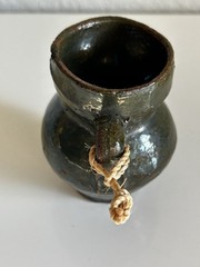 Vintage Mexican Folk Art Pottery Vase Green Glaze Red Decor Rope Handle