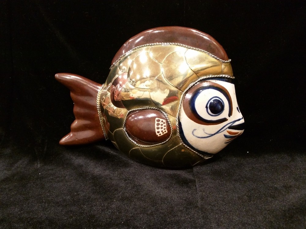 Brass & Ceramic Armored Fish Pottery Figurine Metal Vintage