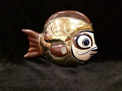 Brass & Ceramic Armored Fish Pottery Figurine Metal Vintage