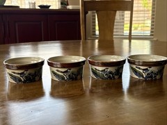 Mexican Tonala Pottery Bowl, Blue Brown Glaze, Bird , Mexico Set Of 4