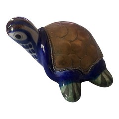 Vintage Tonala Mexican Pottery Turtle Decoration Brass Copper Shell 1960s Unique