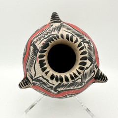 Vtg Handmade Mexican Pottery Round Vase 3 Handles Red Black Clay Hecho en Mexico