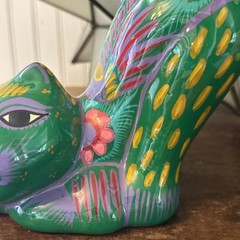 Mexico Talavera STYLE Pottery Green Playful Cat Figurine Hand Painted Folk Art