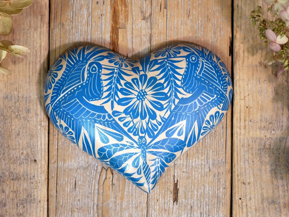 Sm Sz Heart Turquoise & Beige Clay Handmade Hummingbirds Mexican Folk Art Love