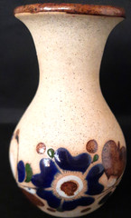 Vintage Pair Of Mexico Folk Art Pottery Tonala Floral Round Vases Signed C.O.