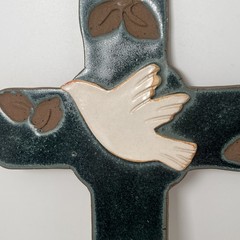 Handmade Pottery Textured Glazed Clay Mexican Religious Wall Cross Dove