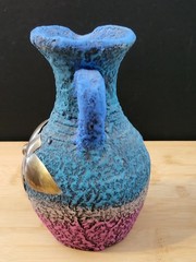 Vtg Black Clay Sand Terracotta Pottery Vase Copper/Brass Flower Trio Of Pitchers