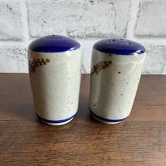 Vintage Mexican Pottery Salt & Pepper Shakers Blue & Grey Floral Plastic Corks