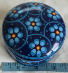 Vintage Blue Red Hand Painted Floral Glazed Terra Cotta Round Trinket Dish Lid