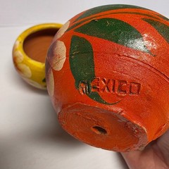 Lot of 3 Vintage Mexican Folk Art Clay Pottery Planter Pots Yellow Flowers Small