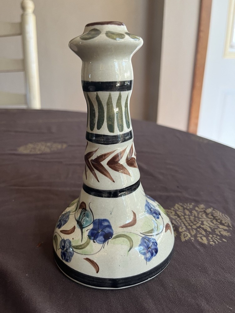 Mexico Tonala Pottery Floral Signed Candle Stick Single Holder