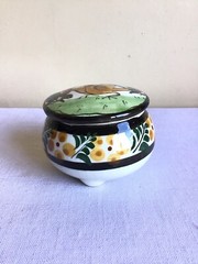 Vintage Tonala Mexican Folk Art Pottery Bird Round Glazed Lidded Trinket Box
