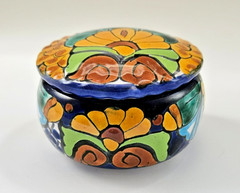 Talavera Mexican Pottery Hand Painted Round Trinket Box With Lid Terracotta 2.5″