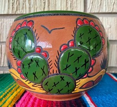 Lg Mexican Ceramic Flower Cactus Pot Planter Folk Art Pottery Handmade Talavera