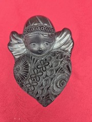 Vintage Oaxaca Mexican Carved Black Clay Pottery Lidded Box Heart Shape Angel