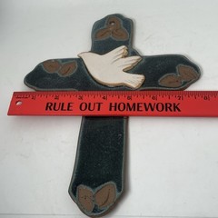 Handmade Pottery Textured Glazed Clay Mexican Religious Wall Cross Dove