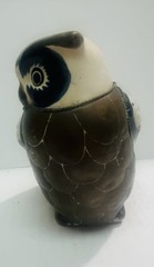 Vintage Tonala Style Mexican Pottery With Armour Brass Scale Owl Figurine