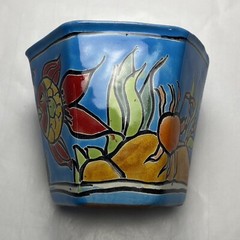 Mexican Folk Art Pottery Octagon Planter 3.75″ Ocean Fish Pattern Plant Pot