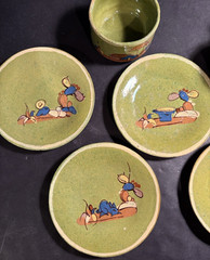 Lot Vintage 1940s Green Mexican Tlaquepaque Tonala Cups Saucer Plates Redware