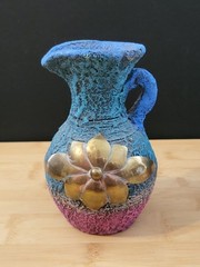 Vtg Black Clay Sand Terracotta Pottery Vase Copper/Brass Flower Trio Of Pitchers
