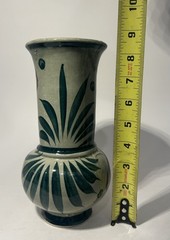 Vintage- Tonala Mexican Pottery 8.5 inches Green Vase- Signed- Hand Painted