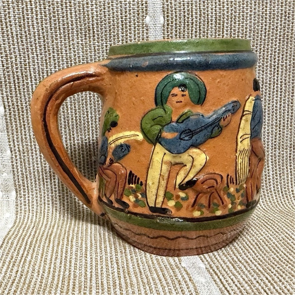 BOSQU Mexican Hand-Painted Pottery Mug Cup Folk Art Scene Marked Mexico Handmade