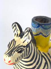 Vintage Mexican Folk Art Candle Holder Handmade Zebra Birds Clay Pottery Large