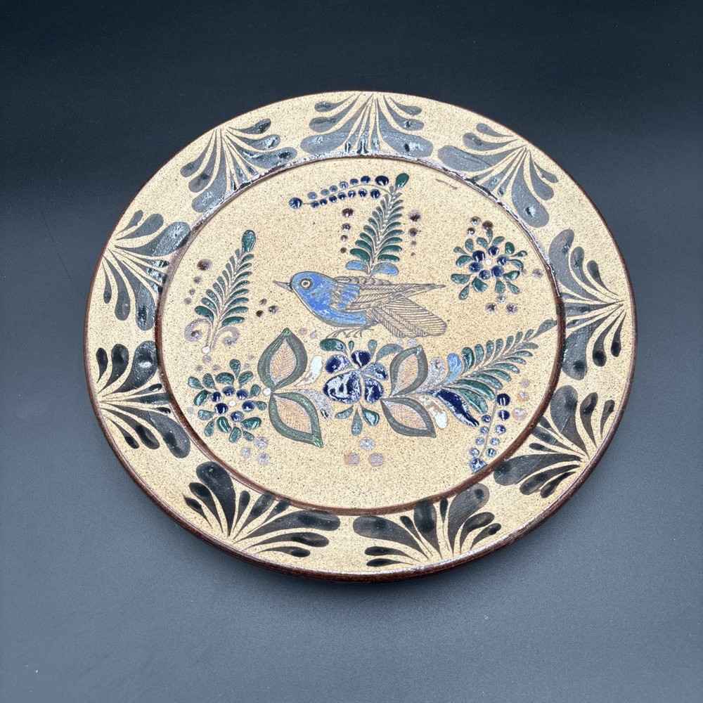 VTG 70’s TONALA Mexican Folk Art Pottery Plate Hand Painted Bird & Floral 12”
