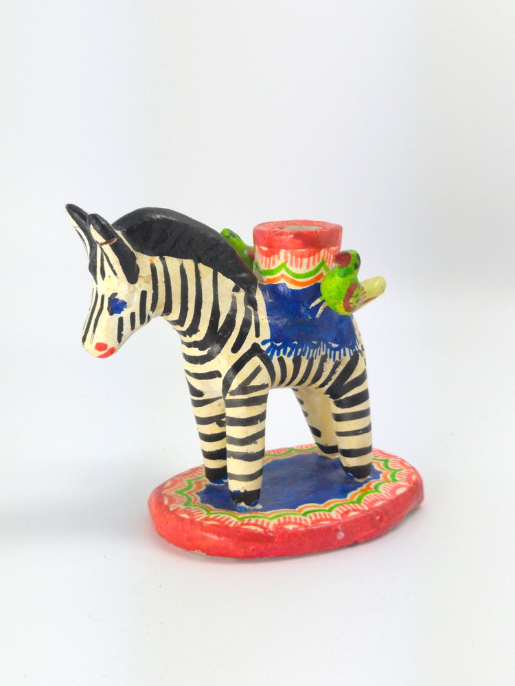 Vintage Mexican Folk Art Candle Holder Handmade Zebra Birds Clay Pottery