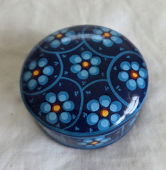 Vintage Blue Red Hand Painted Floral Glazed Terra Cotta Round Trinket Dish Lid