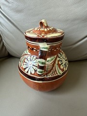 Vintage Terra Cotta Mexican Pot Hand Painted Glazed Kitchen Floral Tonala 6″h