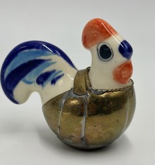 Vintage Mexican Tonala Pottery Rooster Ceramic Hand Painted Blue W Brass Armour