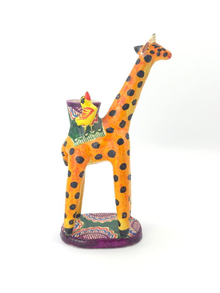 Vintage Mexican Folk Art Candle Holder Handmade Giraffe Birds Clay Pottery Large