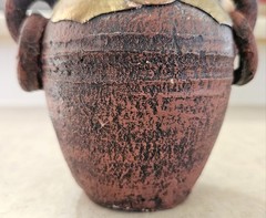 Vintage Mexican Terracotta Pottery Vase, Brass Copper Overlay Loop Handles, 5.5″