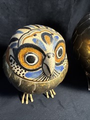 Vintage Brass Ceramic Owl Alexander Blazquez Mid Century MCM Signed Pair