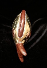 Brass & Ceramic Armored Fish Pottery Figurine Metal Vintage