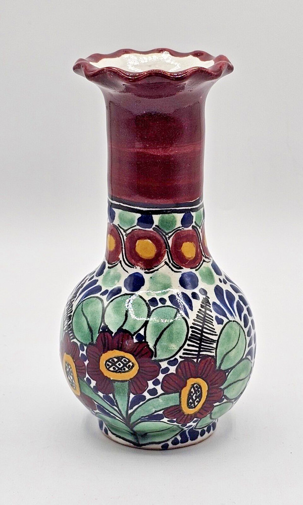 Talavera Small La Corona Pottery Vase Flowers Plum Green Blue Signed 5.5″ Tall