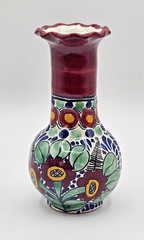 Talavera Small La Corona Pottery Vase Flowers Plum Green Blue Signed 5.5″ Tall