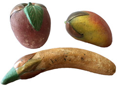 70s VTG Mexico Burnished Clay Fruit Apple Mango Banana Terracotta Brass Inlay HP