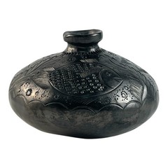 Vintage Oaxaca Barro Negro Pottery Vase, Hand Carved Black Clay Fish & Leaf Desi