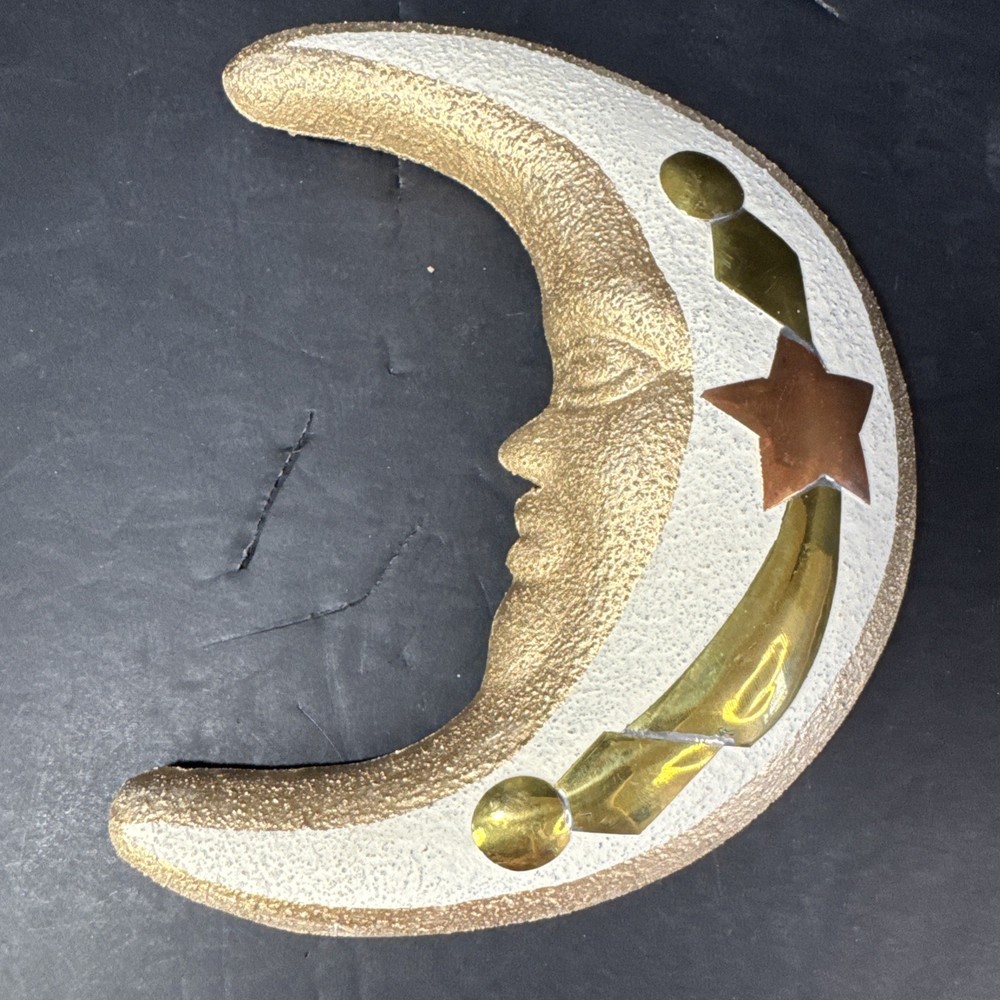 1/4-Moon Face Ceramic/Copper/Brass Mixed Media Celestial Wall Hanging Terracotta