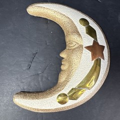 1/4-Moon Face Ceramic/Copper/Brass Mixed Media Celestial Wall Hanging Terracotta