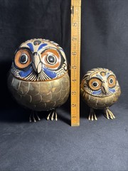 Vintage Brass Ceramic Owl Alexander Blazquez Mid Century MCM Signed Pair