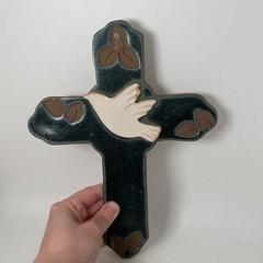 Handmade Pottery Textured Glazed Clay Mexican Religious Wall Cross Dove